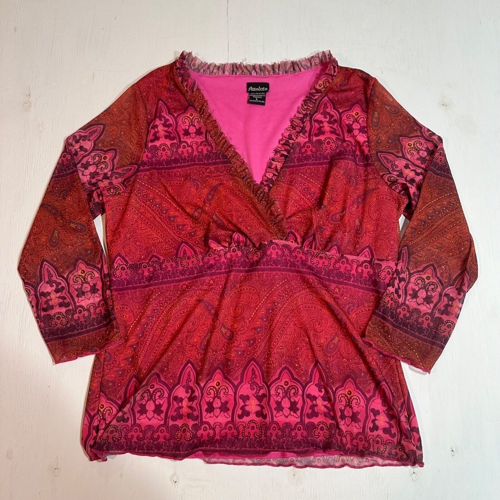 Absolute y2k pink‎ blouse ruffle womens size large pretty shirt